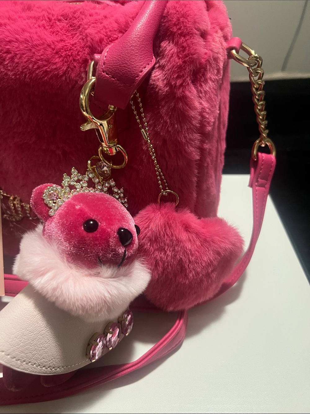 Juicy Couture Vibrant Pink Faux Fur Satchel with Charm - Picture 2 of 7